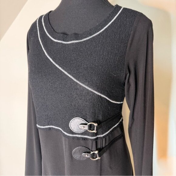 Black Long Sleeve Midi Dress Wool Bodice Horse Bit Buckle Detail Zipper Raw Hem - Picture 6 of 11